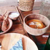 Satay and coconut skewers and curry at Pituq Cafe in 