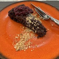 Chocolate cake and compote   at Remedio Santo Campo Alegre in Porto