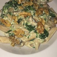 Vegan mushroom spinach stroganoff with walnuts  at Remedio Santo Campo Alegre in Porto