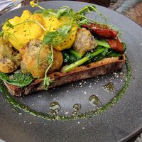 Vegan Benedict.  Sourdough toast, miso tempura mushrooms, spinach, vegan bacon and Birdhouses hollandaise sauce.. SO GOOD!! at Birdhouse in Sheffield