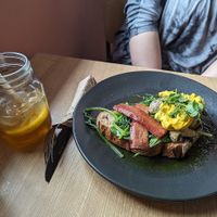 Vegan 'eggs' benedict with iced tea at Birdhouse in Sheffield