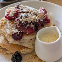 Seasonal pancakes- apple and blackberry crumble with custard at Birdhouse in Sheffield