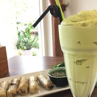 deep fried spring roll and avocado smoothie  at Om Vegan Garden in Hanoi