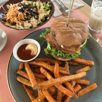 Tofu bowl and vegan burger. Vanilla soy latte.  at Shake Cafe - Camillo Cavour in Florence