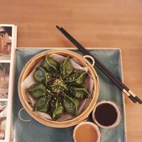 shiitake mushrooms, chinese brocoli and rice noodle dumplings with sauces (peanut + vinegar) at LeDu Happy Dumplings & Noodle in Munich