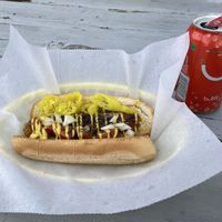 Vegan Chicago dog on a gluten free bun   at The Moody Dog - Food Truck in Belfast