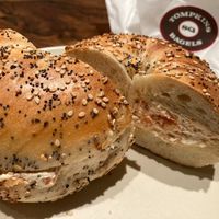 Everything bagel with sun-dried tomato tofu spread at Tompkins Square Bagels in New York City