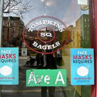 window  at Tompkins Square Bagels in New York City