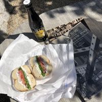 Bagel and a root beer   at Tompkins Square Bagels in New York City