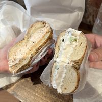 Sundried tomato and Chive tofu cream options on everything bagel toasted. Yummy  at Tompkins Square Bagels in New York City