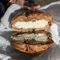 Plain tofu cream cheese on cinnamon bagel at Tompkins Square Bagels in New York City