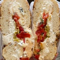 Bagel with tofu cream
Cheese , green olives, roasted peppers, cucumbers  at Tompkins Square Bagels in New York City