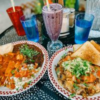 The vegan mess and the vegan rancheros with a soy blueberry milkshake  at St Francis Fountain and Candy in San Francisco