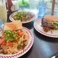 The Vegan Mess, vegan chili cheese fries, and seitan devil burger with a soy banana shake  at St Francis Fountain and Candy in San Francisco