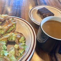 Avo bagel, Old Crow Energy Bar, and coffee with oat milk    at Red Rooster Coffee in Floyd