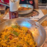 Vegetable tagliatelle in front and arrabbiata at the back at Pomo - La Pasta Bio Italiana in Lagos