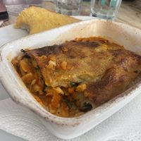 Lasagne. The garlic bread is wonderfully garlicky    at Vega in Tintagel