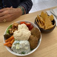 Falafel, humous salad  at Vega in Tintagel