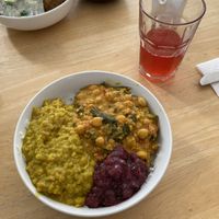 Chickpea and coconut curry & blackcurrant kombucha   at Vega in Tintagel