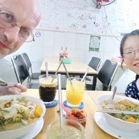 2 happy vegan-pho eaters at Vietnamese Coffee & Noodle Soup in Siem Reap