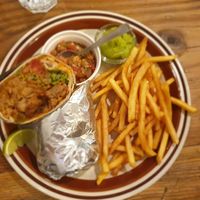 Vegan burrito with salsa, guacemole and fries at EvilTex in Takayama