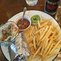 Vegetarian burrito, fries, guacamole, salsa and a beer  at EvilTex in Takayama