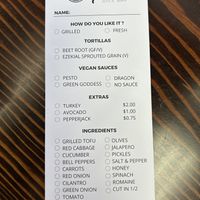 Wrap order sheet   at Roots Juice Bar - Churn Creek in Redding