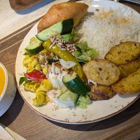 Rice, potatoes & salad with dahl soup and a roll at Andrum Cafe in Gothenburg