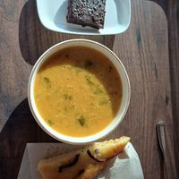 Daal soup and chocolate cake with sea salt. at Andrum Cafe in Gothenburg