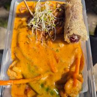 Choo chee chikn $17 +free springroll: red curry, creamy not spicy, but too sweet for me at Plant Based Eatery - Food Stand in Wollongong