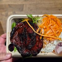 Caramelised beef w/rice and salad $19: delicious beef cakes, perfect texture, good chilli sauce, hate the alfalfa sprouts at Plant Based Eatery - Food Stand in Wollongong