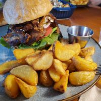 Bulgogi burger and wedge fries at And 유 (Yu) Cafe in Jeju