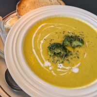 Pumpkin soup with bread and butter at And 유 (Yu) Cafe in Jeju