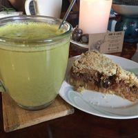 Vegan gold milk and warm apple crumble pie at And 유 (Yu) Cafe in Jeju