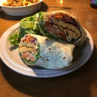 Tempeh wrap with a side of fried vegan balls at And 유 (Yu) Cafe in Jeju