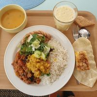 Main course, mango lassi, cakes, soup..All Vegan!! at Govindas in Gothenburg