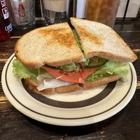 Tomato, alfalfa, avocado, lettuce, cucumber sandwich on wheat bread   at Center 4 Hamburgers in Takayama