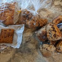 Sweet potato bars, garlic bread, granola, and train rolls/raisin yeast buns at BreadHaus in Grapevine