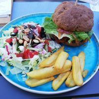 Gluten free burger, salad and chips at Veganeeta Home in Balatonalmadi