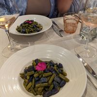 Basil pesto pasta with purple potato and green beans at Osteria Caffe Monte Baldo in Verona