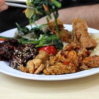 Tempeh, caramelised seitan, deep fried tofu skin, leafy veggies, vegetable curry, brown rice, etc. at Tze Ern Vege Restaurant 慈恩素食 in Kuala Lumpur