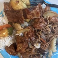 Bean curd with garlic sauce over white rice and Bean curd and mix veg vegan lo mein….. yum….  at Hong Kong in Battle Creek