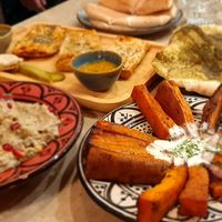 Caviar d'aubergine, boreka, sweet potato with tahini, za'atar bread at Levantine in Paris