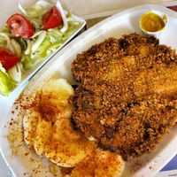Cachopo de setas, queso vegano y pisto con patata cocina y ensalada at La Cachopería in Aviles