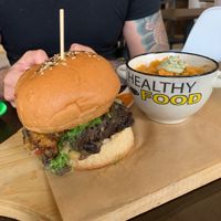 Mundial Burger - Bean burger, mushrooms, veggies, platain  at Urban Greenhouse in Panama City