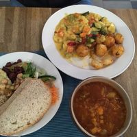 vegetable coconut stew, lentil soup, buffet salad at Restaurang Solrosen in Gothenburg