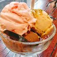 Turkish delight, pistachio and black tahini flavoured icecreams. at Cuppa Turca in Northcote