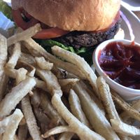 Vegan burger! Awesome chips and the pattie is super yummy, a good texture too!! at Due South in Albany
