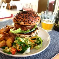 Vegan burger with homemade patty.  at Makovice in Stupava