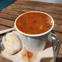 Moroccan harira soup with lentils, chickpeas, lemon and (as a nice twist) dates (8.95€ for L size) at De Soepbar - Spuistraat in Amsterdam